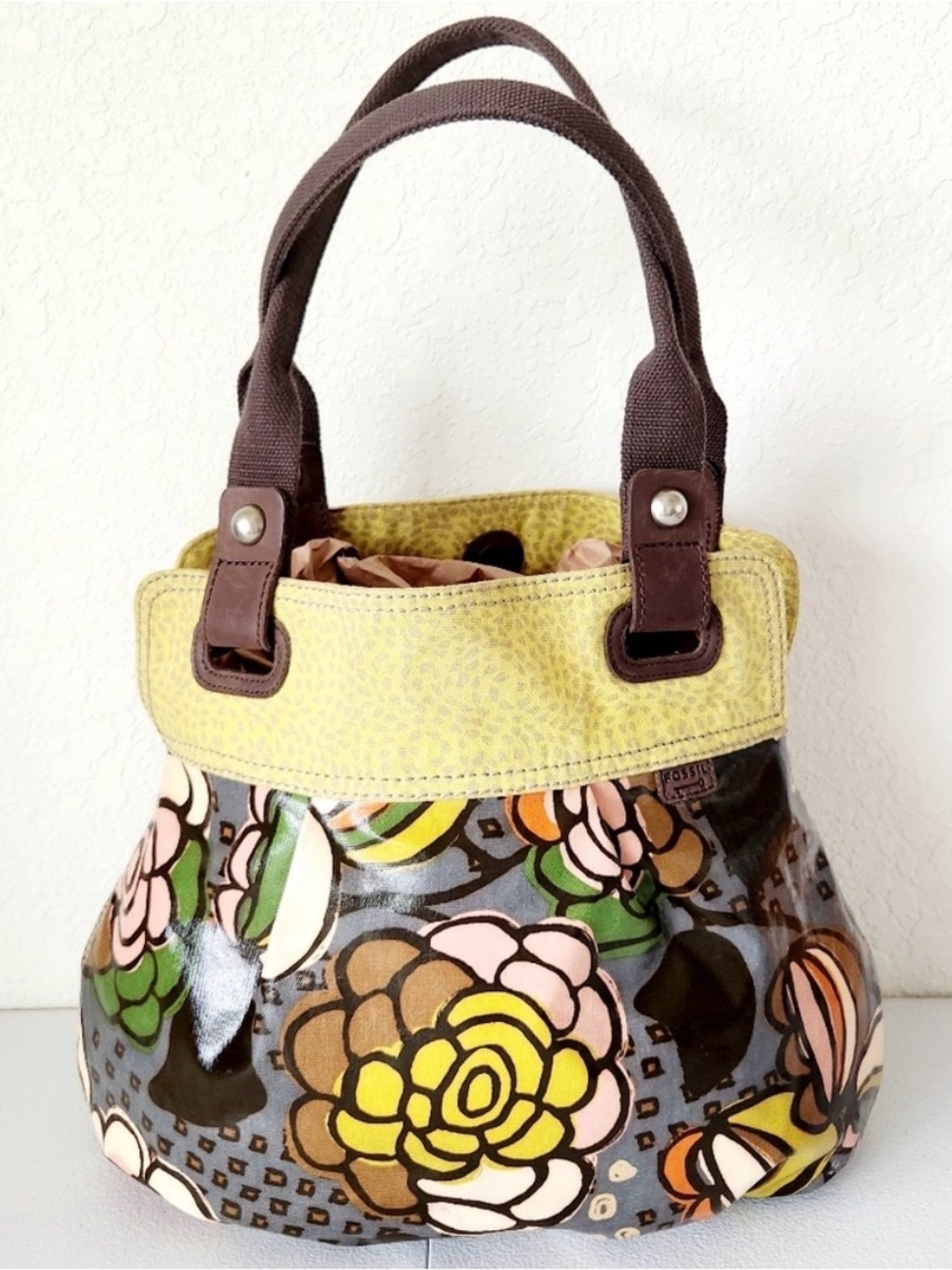 Vintage Fossil Floral Canvas Coated with Yellow Trim and Brown Handles
